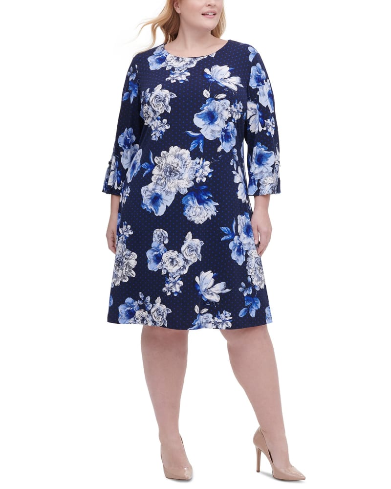 Front of a model wearing a size 22W Tommy Hilfiger Women's Plus Size Floral-Print Grommet-Sleeve Dress Blue Size 22W in Blue by Tommy Hilfiger. | dia_product_style_image_id:312579